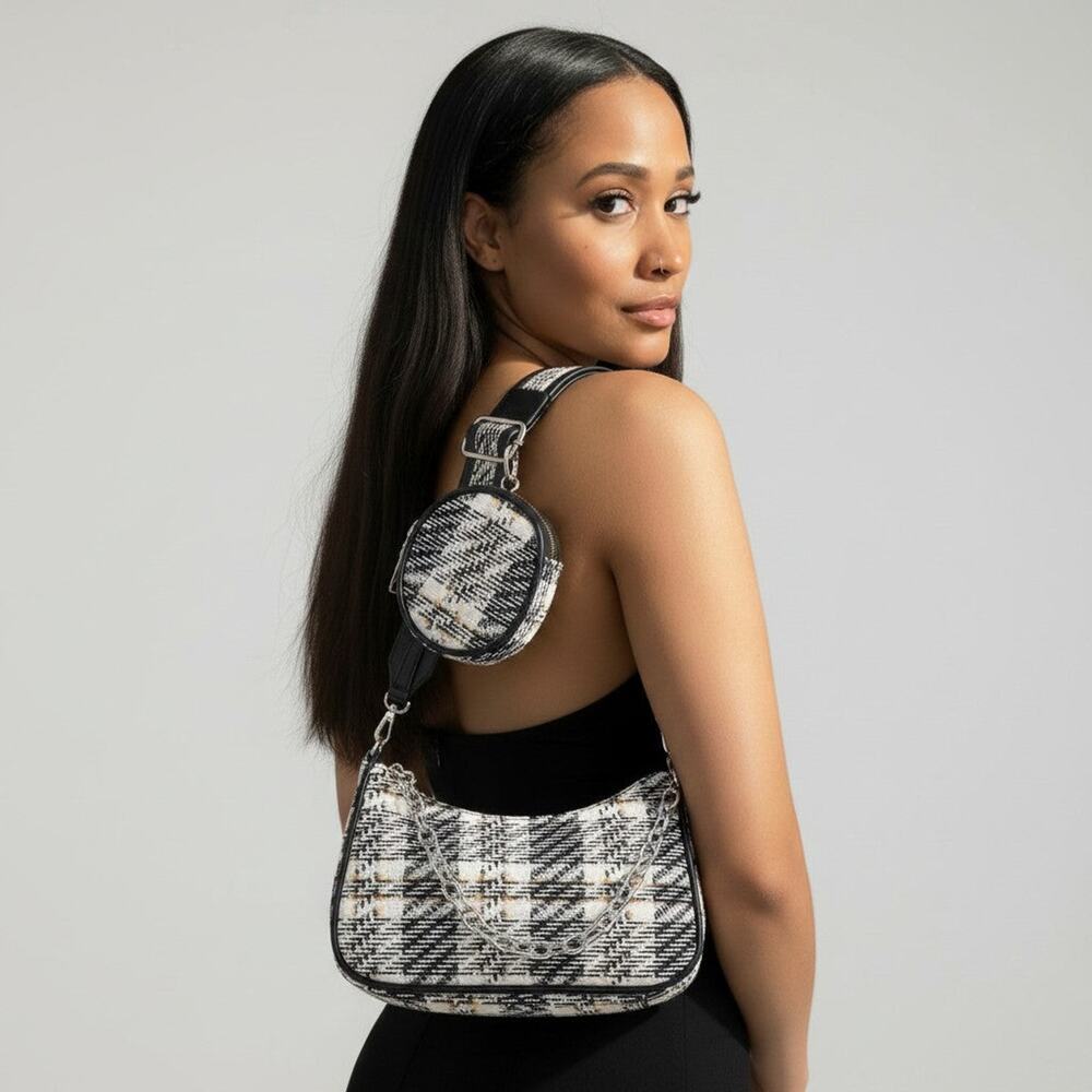 Tweed Plaid Shoulder Bag W/airpod Purse
